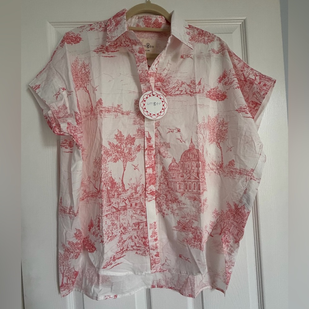 Umgee White Short-Sleeve Printed button-up Shirt - Red Toile Pattern